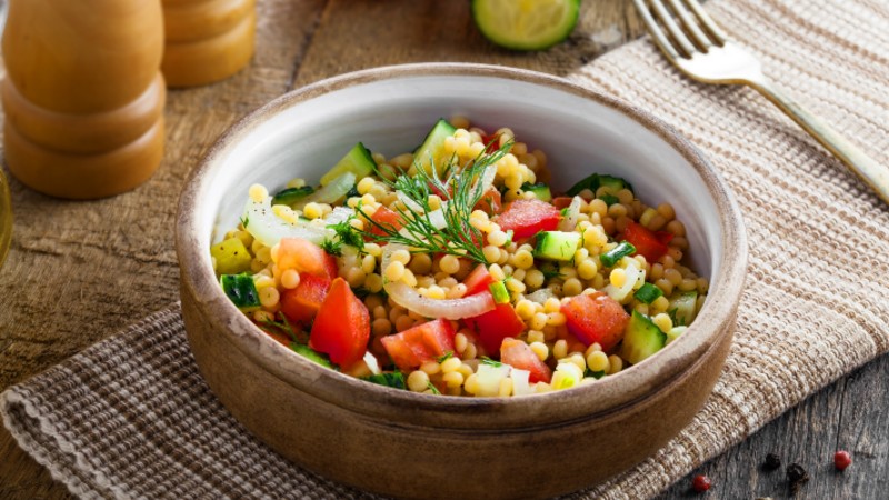 Israeli Couscous with Carrots, Peas, and Red Wine Vinegar